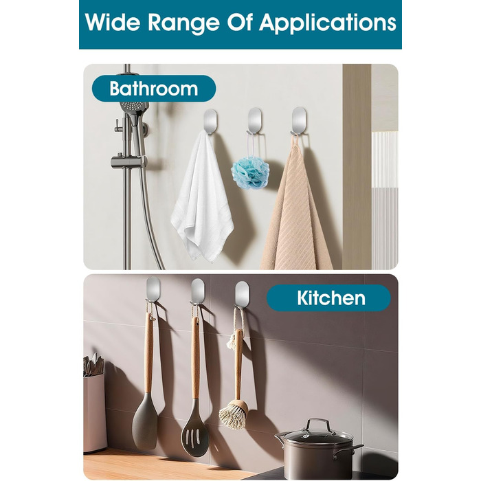 Крючки самоклеючі, 10 шт. з нержавіючої сталі 304, без свердління, для ванної, кухні та вітальні