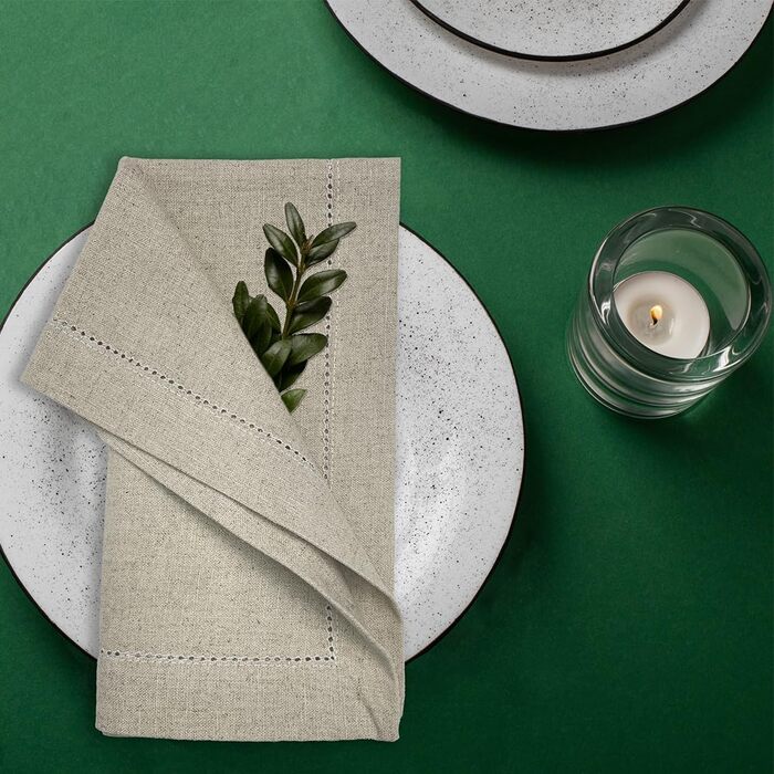 Sweet Needle Linen Napkins, Set of 12, Hemstitch Napkins, Natural Colors, 50x50cm, 100% European Washable Linen Napkins. Ideal for kitchen, Christmas, wedding, restaurant, and everyday use.