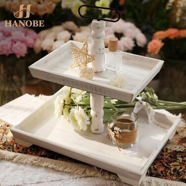 Hanobe Decorative Table Tray Etagere Wood: White Washed Wood Tray Large Rectangular with 2 Tiers Farmhouse Decorative Tray Vintage Shabby Serving Tray for Home Coffee Corner Bathroom