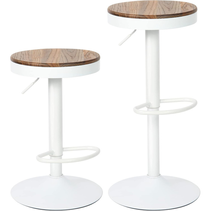 Kidol Adjustable Height Bar Stools 2-Pack - 360° Swivel, Round Wooden Seat on Metal Frame, for Kitchen/Bar/Living Room (White)