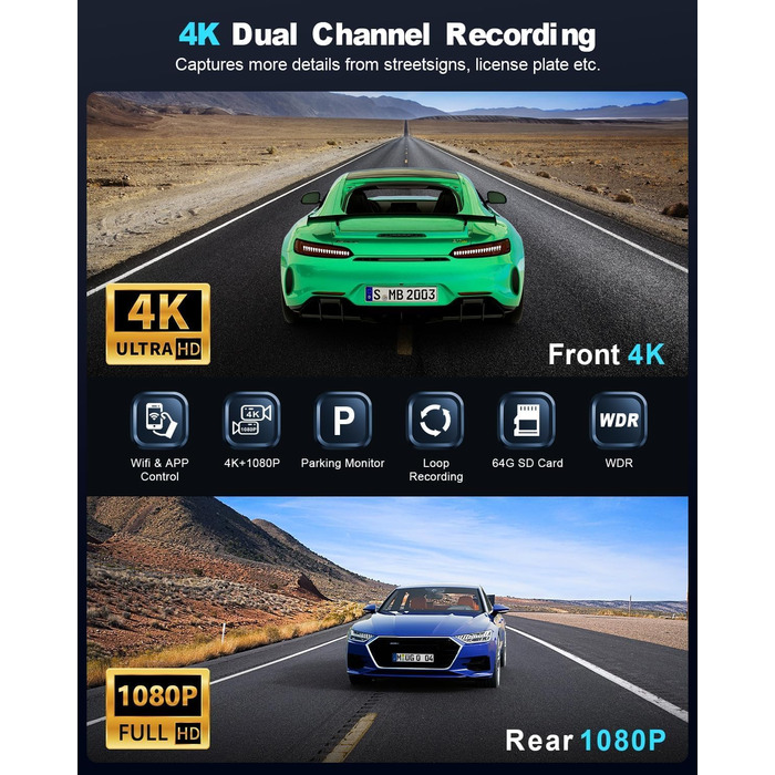 4K WiFi відеореєстратор в автомобіль, з Wi-Fi, SD 64GB, IPS екран 1.47