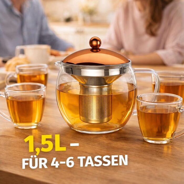 Скляний чайник Teekanne 1,5л з ситом із нержавіючої сталі та кришкою під мідь, заварник із боросилікатного скла для листового чаю