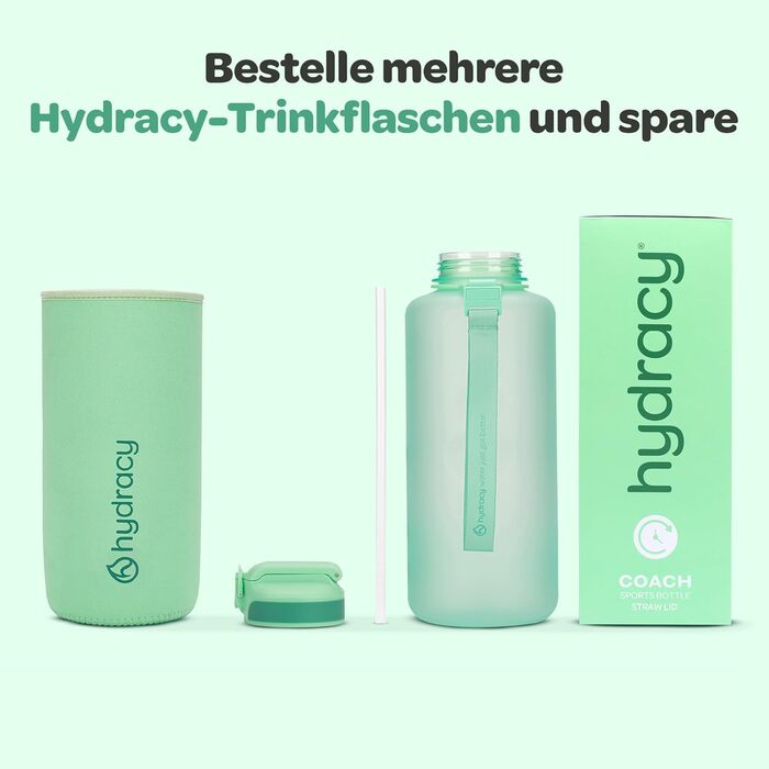 Пляшка для води Hydracy з соломинкою та мітками часу 2л - Спортивна пляшка без BPA, герметична, не конденсується, для спорту та активного відпочинку (2л, Аква Грін)