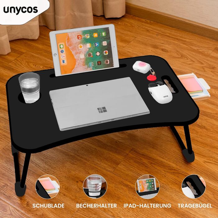 Складаний столик Unycos з ручкою та підстаканником, 60x40x26 см, з висувною шухлядою, колір: кістковий білий
