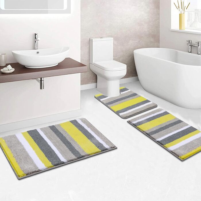 Pauwer Non-Slip Bath Mats Set, 3-Piece Bath Rug Soft Microfiber Absorbent Bathroom Rug Machine Washable Bath Mat for Bathroom Living Room (Yellow) Yellow 50 x 80 cm + 45 x 65 cm + 50 x 60 cm