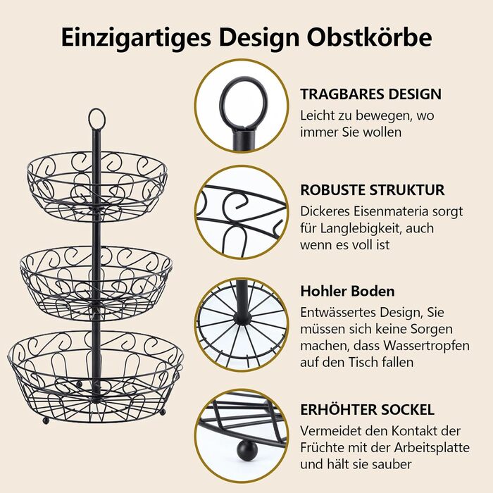 Металева етажерка для фруктів Stöckig 3 яруси - кошик для зберігання фруктів, чорний, для кухні, вітальні, офісу