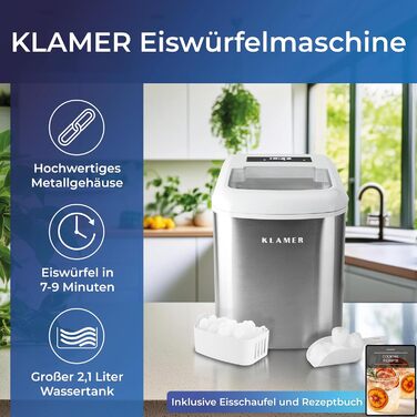 Машина для приготування льоду KLAMER, 2.1л, срібна, з лопаткою та таймером. Виробляє 10 кубиків за 7 хв, 15 кг/день