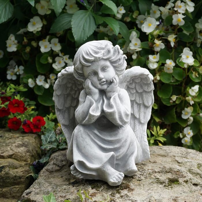 gartendekoparadies.de Angel Grave Angel, Stone Figure H. 21 cm, 4 kg, Grey, frost-proof made of cast stone for outdoor use
