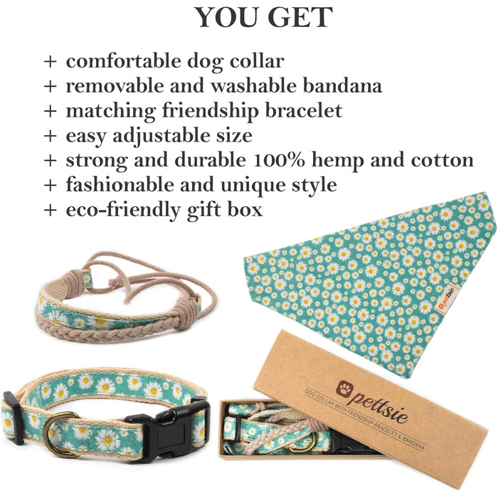 Pettsie Dog Collar with Bandana Cloth and Friendship Bracelet, Adjustable Sizes S, M, and L, Strong and Durable, Great Gift for Dog Lovers in Attractive Packaging, M, Pink (S (25.4 - 39.4 cm), Green)