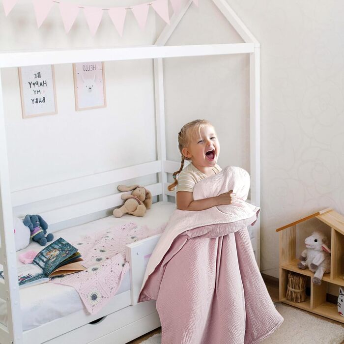 Бетлівка для дитячого ліжечка Lulumoon з мусліну 100x135 см: комплект простирадла 100x135 см + наволочка 40x60 см з бавовни Oeko-TEX Standard – легка та комфортна постільна білизна для малюків та дітей, муслін, рожева 100x135 см + 40x60 см