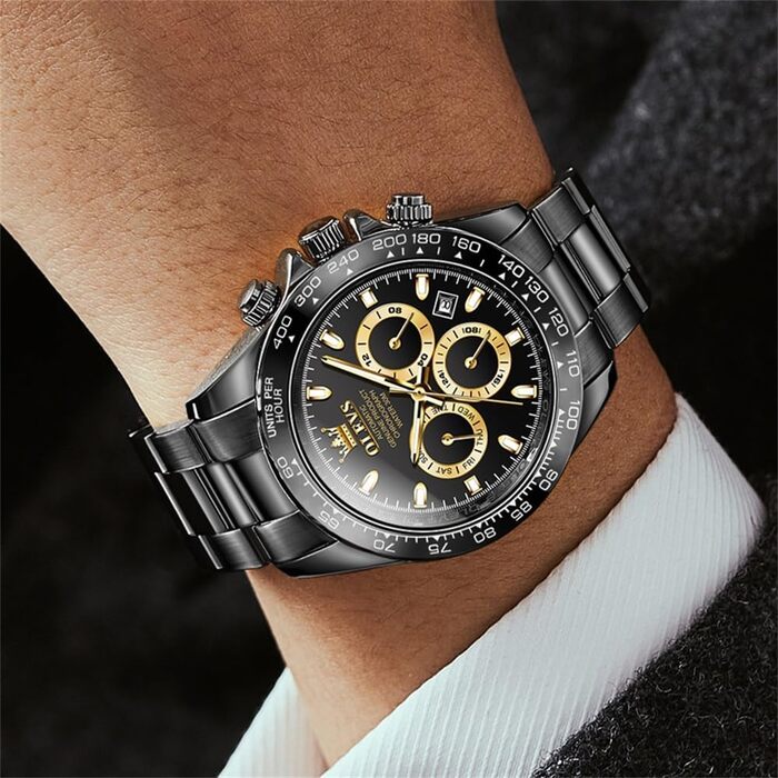 Чоловічий годинник OLEVS класичний, кварцовий, чорний зі сталевим ремінцем, водонепроникний, з датою та підсвіткою