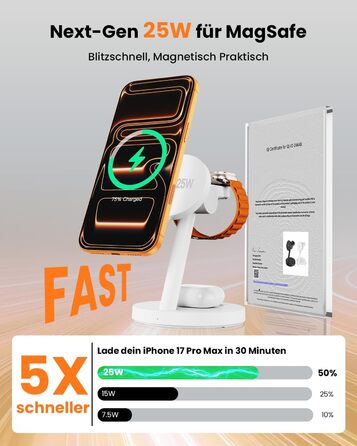 Зарядна станція JoyGeek 3-в-1 з магнітною індукцією 25W для iPhone 17/16, Apple Watch, Samsung Watch та AirPods. Білий матовий.