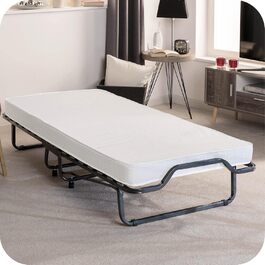 Beautissu Folding Guest Bed 90x200 cm - Durable & Foldable Travel Bed with Cover & 10.5cm Thick Foam Mattress - Folding Bed without Assembly - Stable Steel Frame & 4 Venetia Swivel Wheels 90x200 cm White