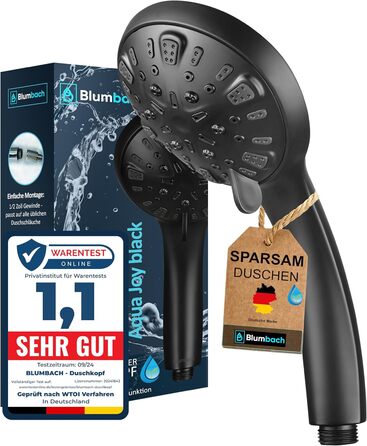 BLUMBACH® Water-Saving Shower Head - High-Pressure Aqua Joy Shower Head - 8 Spray Patterns, Pressure-Boosting Shower Head, Shower Head, Water-Saving Shower Head, High Water Pressure Strong Jet (8L/Min. 8 Spray Patterns / Water-Saving Shower Head Black)