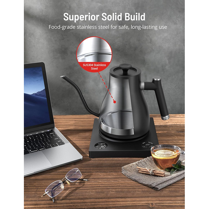 PARIS RHÔNE Swan Neck Electric Kettle with Temperature Control - 0.9L, 24-Hour Keep Warm, Dark Green