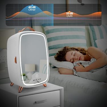 Міні-холодильник KFO Ultra-тихий (20 дБ) з LED-дзеркалом для косметики та напоїв, 220V AC/ 12V DC, термоелектричне охолодження та нагрівання, білий (6 л)