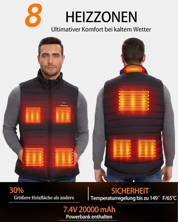 Електрична гріюча жилетка для чоловіків з акумулятором 20000mAh, 8 зон нагріву та 3 рівня температури, для активного відпочинку, чорна