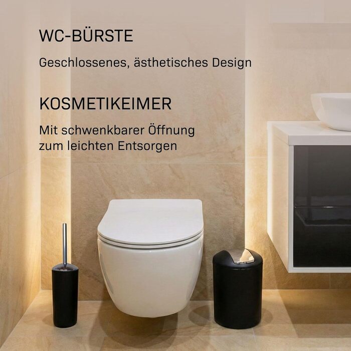 Набір для ванної кімнати 6 предметів, чорний: аксесуари для ванної, туалетний набір, кошик для сміття, стакан для зубних щіток, мильниця, дозатор для мила - пластик