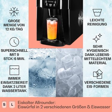 Машина для приготування льоду Klarstein Eiswürfelmaschine Klein, 2 л, водопостачальник, для 12 кг великого льоду, швидка, з сигналом, пластик (чорний)