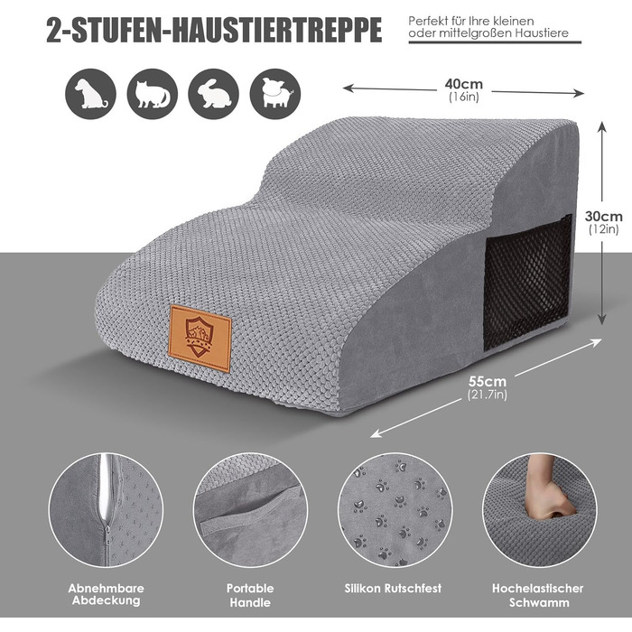Myiosus Dog Stairs, 2 Steps Pet Staircase, Waterproof Dog Steps Made of Sponge, Non-Slip Dog Ramp for Sofa Bed, Dog Staircase with Washable Cover, Portable Cat Staircase
