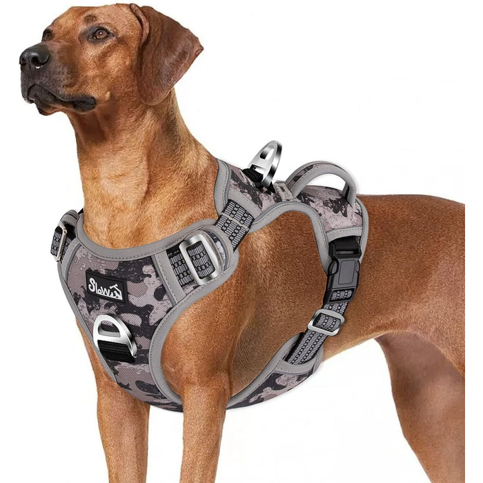 Шлейка для собак великих порід, анти-тяга, з 2 карабінами та зручною ручкою, регульована, світловідбиваюча, з м'якою підкладкою (L), колір: Tarngrau