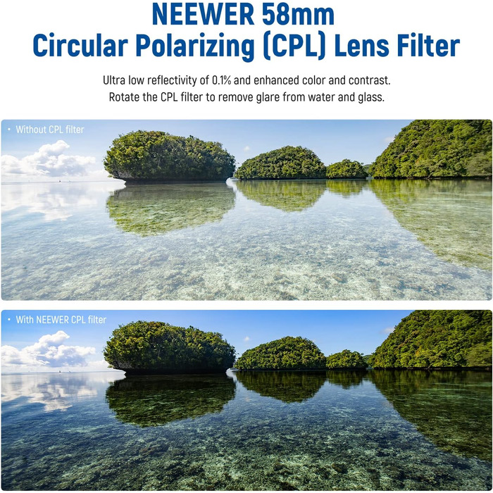 NEEWER 58mm Поляризаційний фільтр (Polfilter/CPL) - Зменшує відблиски, покращує контраст, HD скло