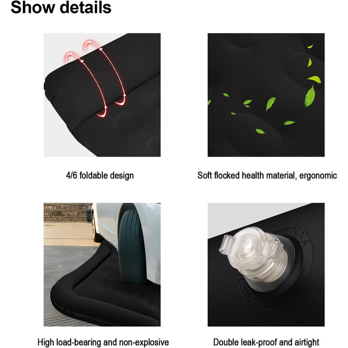 Надувний матрац для авто Vinteky з електричним насосом, 180x145 см, чорний (для кемпінгу, подорожей, SUV, універсальний)