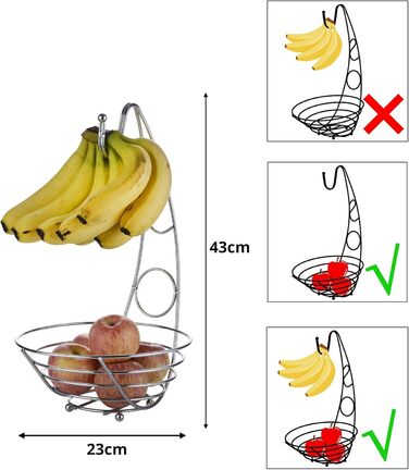 Металева фруктова корзина з кріпленням для бананів. 41 см, полиця для фруктів з дроту, підвісна стійка для бананів – хром (Ex-fb017)