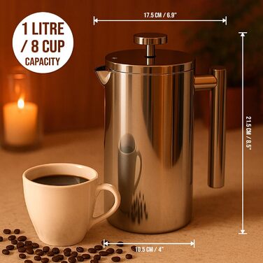 French Press Red Ember 1L з нержавіючої сталі - кавомашина з подвійними стінками, ізольована, нержавіюча, з 3-шаровим фільтром для насиченого смаку, ідеальна для дому та кемпінгу