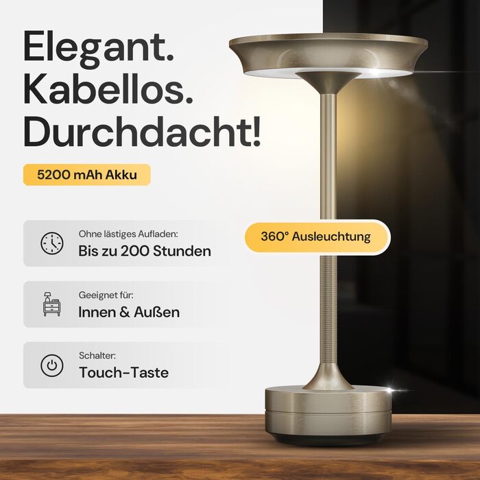 LED-лампа настільна бездротова - стильний дизайн з акумулятором та USB-C - 3 кольори світла та диммування - бездротова свобода для вулиці та дому - настільна лампа з акумулятором, що заряджається (срібна)