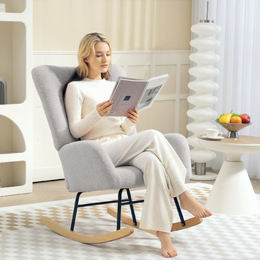 HOMCOM Rocking Chair, Rocking Armchair with Armrests, Teddy Velvet-Look, Relaxing Chair with Wooden Skids, Swivel Chair Silent Chair for Bedroom, Living Room, Light Grey | Aosom