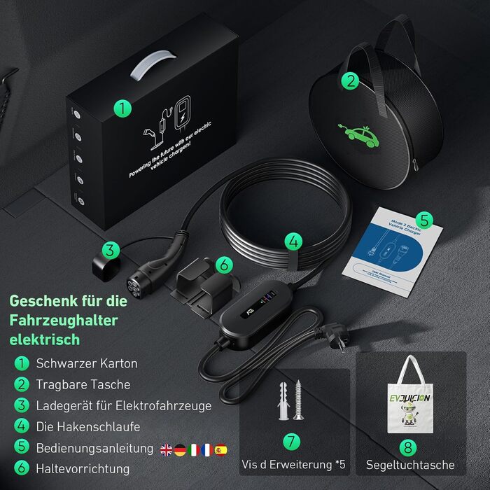 Кабель для електромобіля Evjuicion Typ 2 Schuko, 3.68kW, 6м, 16A, IP67, з індикатором, для ID.3/4, X1, 5ER, Model Y/3 та інших електромобілів