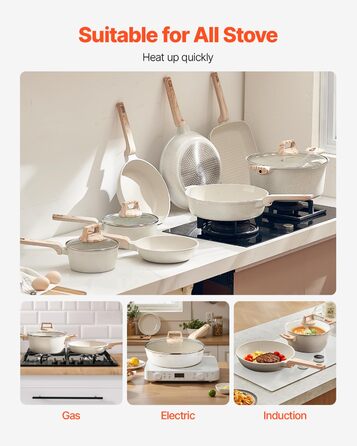 Набір посуду VEVOR з нержавіючої сталі 19 предметів з кришкою з термостійкого скла, антипригарне покриття, для приготування їжі на індукційній плиті, підходить для кемпінгу та дому (білий)