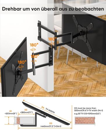Кронштейн для телевізора FORGING MOUNT поворотний 26-65 дюймів, VESA 400x400, до 35 кг, подовжений