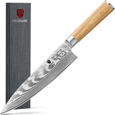 Професійний кухонний ніж BRODARK 8'' з дамаської сталі VG10, ультра гострий, оливкова дерев'яна ручка, високовуглецева нержавіюча сталь, японський стиль