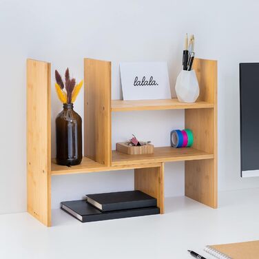 Navaris Acacia Desk Organizer 64x15.5x40 - Desk Shelf Organization System Adjustable - Corner Shelf for Kitchen Office Bathroom Shelf Attachment - Natural (Light Brown)