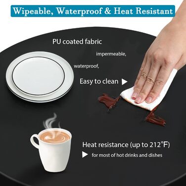 Rinpon Double Fitted PU Round Tablecloth, Anti-Tear Wipeable Elastic, Soft-Touch, Waterproof, Oil-Resistant (Black, 45