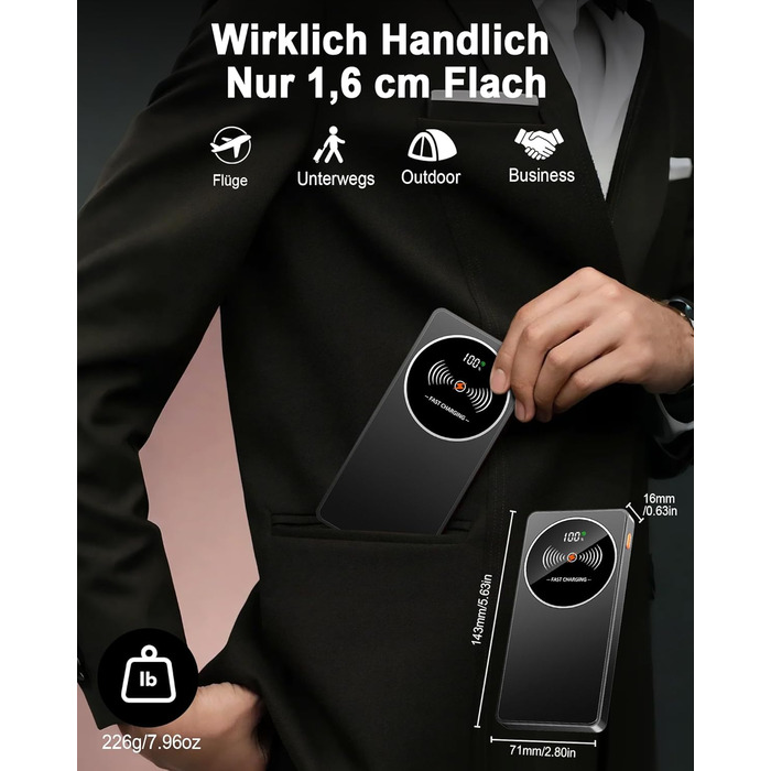 Портативний зарядний пристрій Power Bank Klein 10000mAh з USB-C, 3 порти, сумісний з iPhone 17/16/15/14/13 Pro Max Plus Mini, Android, чорний