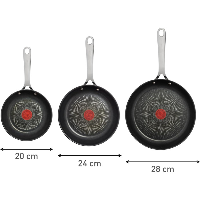 Сковорода Tefal Jamie Oliver Cook's Direct 24 см, індукційна, антипригарна, з термоіндикатором, нержавіюча сталь, набір 3 шт (20, 24, 28 см)