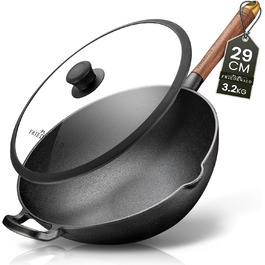 Wok Friedewald з чавуну з кришкою, 33 см, 5 л, антипригарне покриття, для індукції та всіх плит, для 4-6 осіб, глибока сковорода для смаження й тушкування