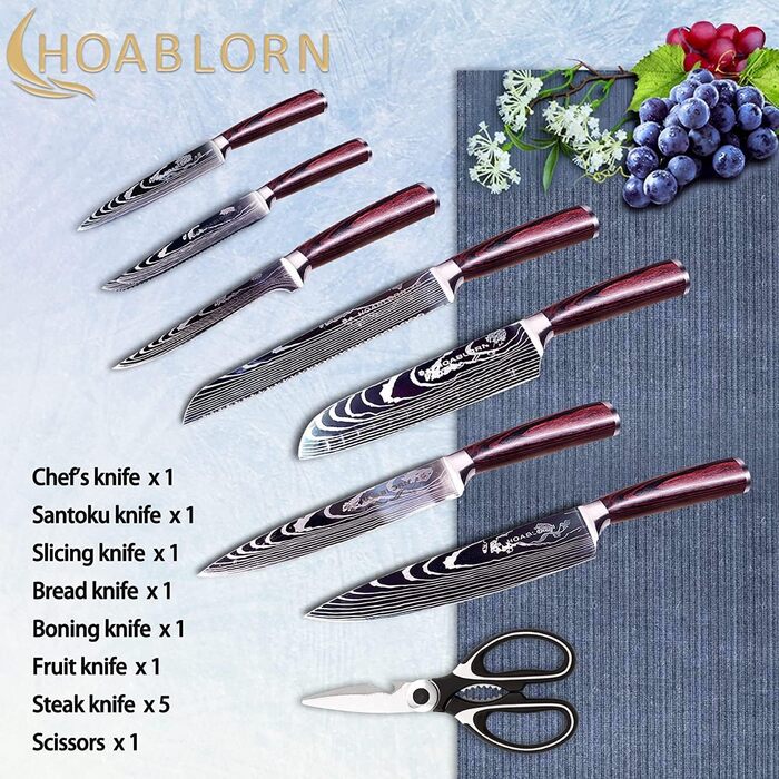 Набір кухонних ножів Hoablorn 15 предметів з блоком: високоякісний набір ножів з дерев'яним блоком, ідеальний для дому та як подарунок