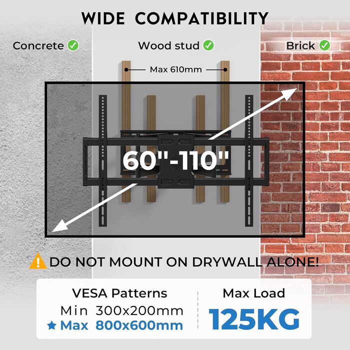 Настінний кріплення для телевізора BONTEC 60-110 дюймів, до 125 кг, подвійний важіль, витягування 1016 мм, регульований, поворотний, сумісний з VESA 800x600 мм, для великих XXL телевізорів