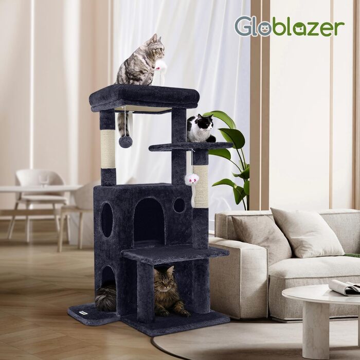 Дім-кіготник для котів Globlazer XL, 127 см, сірий. З платформою, будиночком та іграшками. Для великих котів та літніх тварин.