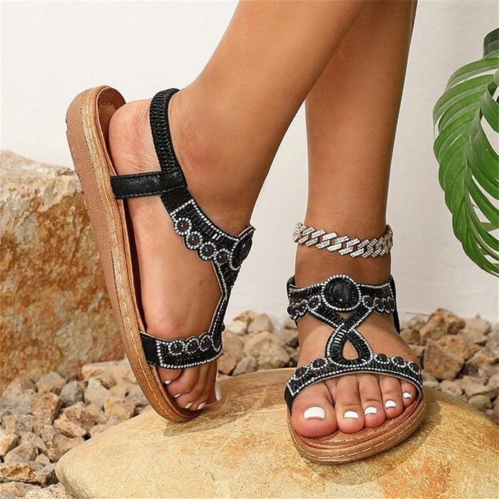 Босоніжки жіночі Slingback ортопедичні літні, стиль Boho, м'яка підошва, з устілкою, дихаючі, відкритий носок, для широкої ноги (халюс вальгус), чорні, 40 EU