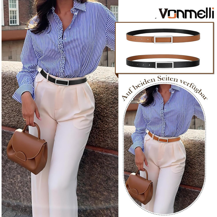 Жіночий ремінь VONMELLI вузький шкіряний, з золотою пряжкою, чорний/коричневий (срібна пряжка), 120 см (93-103 см талія)