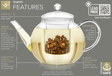 Скляний чайник Teabloom 1,2 л з фільтром, термостійкий, для чаю, для мікрохвильовки, 2 чайні квітки в комплекті