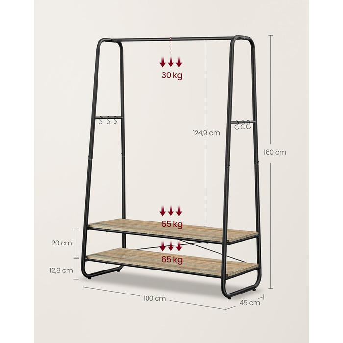 VASAGLE Clothes Rack, Coat Rack, Wardrobe, 2 Shelves, 6 S-Shaped Hooks, Steel Frame, for Bedroom, Hallway, Entrance Area, Cloud White-Matt White RGR112W02 (Turquoise Brown-Matt Black)