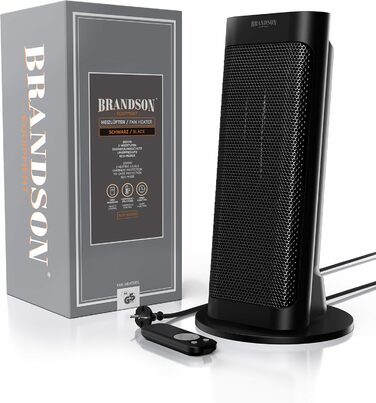 Керамічний обігрівач Brandson з дистанційним керуванням, 2000 Вт, для ванної кімнати, тихий, з осциляцією, 2 режими нагріву, економний режим, підвищена безпека, чорний