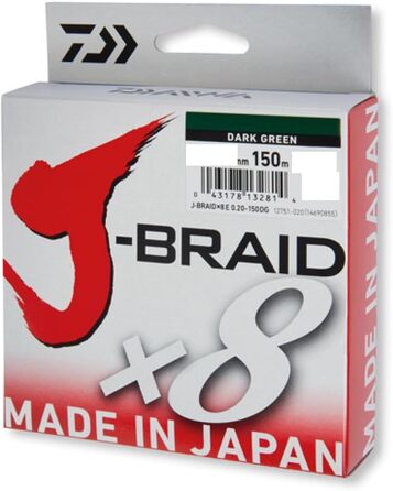 Daiwa J-Braid 8 Braid 0.16mm, 9.0kg / 20.0lbs, 300m dark green, round braided fishing line