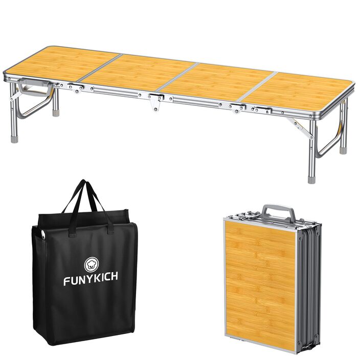 Складний кемпінговий стіл FUNYKICH 116x40x26 см, жовтий - алюмінієвий, MDF стільниця, з сумкою для перенесення